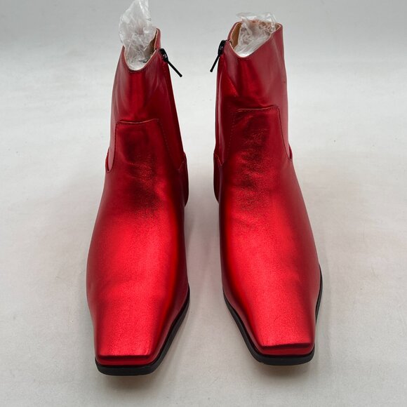 miss left Red Square Toe Low Chunky Heel Ankle Booties Chic Zip up Short Boot - Picture 2 of 7